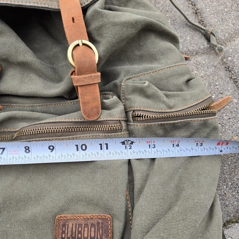 Bluboon Canvas Backpack Rucksack Leather Trim Olive Green Mens Bag